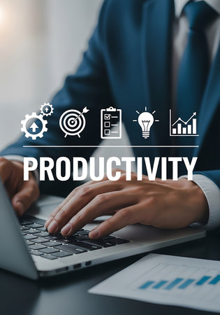 A close-up shot shows a person in a dark blue suit and tie typing on a laptop. Above the person's hands and the laptop, a series of white icons are displayed: gears with an upward arrow, a target with an arrow, a checklist, a lightbulb, and a bar graph with an upward trend. The word "PRODUCTIVITY" is prominently displayed in large white letters across the image. A document with a bar graph is visible on the desk in the foreground.の素材