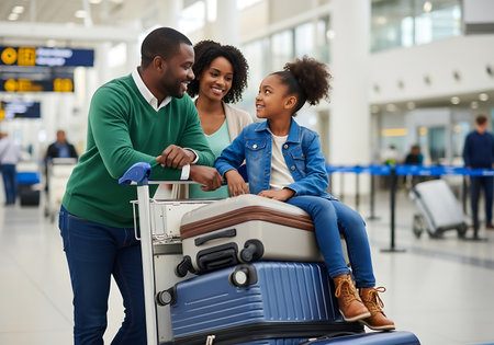 A Black family stands with their luggage at an airport. The father, wearing a green sweater and blue jeans, leans on a luggage trolley. The mother, in a light cardigan, stands beside him, smiling. Their young daughter, in a denim jacket and jeans, sits on top of the stacked suitcases, looking at her parents. The background shows the bright, modern interior of an airport terminal with signs and other travelers.の素材