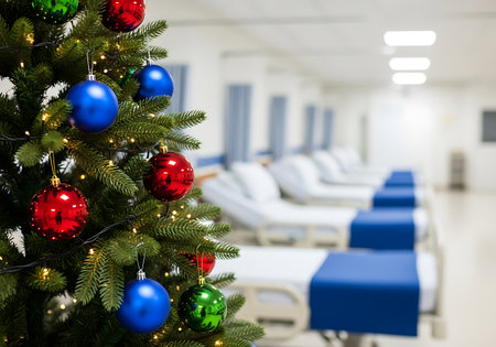 A close-up of a decorated Christmas tree with red, blue, and green baubles and twinkling lights is positioned in the foreground. The background is a softly focused view of a hospital ward with multiple empty beds lined up, each covered with white sheets and a blue runner. The overall impression is a blend of festive holiday decoration within a sterile medical environment.の素材