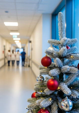 A close-up of a decorated evergreen tree with artificial snow, adorned with red and silver baubles and fairy lights. The tree is positioned in the foreground, with a blurred hospital corridor stretching into the background. Several figures, appearing to be medical professionals in uniform, are visible walking down the corridor. The corridor is brightly lit with ceiling lights and features a large blue window on the right side.の素材