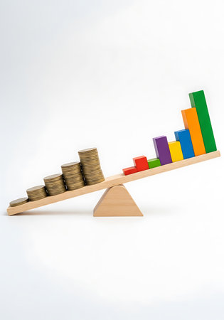 A wooden seesaw is balanced with stacks of gold coins on one side and colorful wooden blocks arranged in a bar graph on the other. The coins are stacked in ascending order of height from left to right, while the blocks are also arranged to form an upward trending graph. The background is plain white.の素材