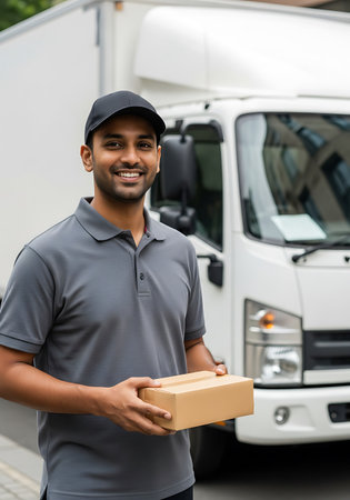 A smiling man wearing a grey polo shirt and a black baseball cap holds a small cardboard box in his hands. He stands in front of a white delivery truck.の素材