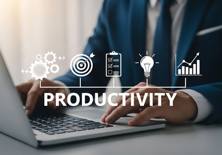 A person in a dark blue suit is working on a laptop. Above the laptop, there are several white icons representing business concepts: gears, a target with an arrow, a checklist, a lightbulb, and a bar graph with an upward trending line. The word "PRODUCTIVITY" is displayed in large white letters across the image.の素材