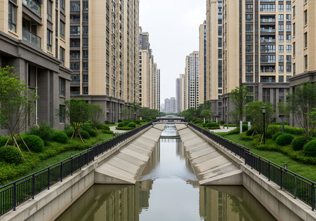 Tall, modern apartment buildings with beige facades and dark windows line both sides of a wide concrete canal. Green grass and neatly trimmed bushes are visible along the canal banks, separated by black metal railings. The canal reflects the overcast sky and the surrounding buildings. In the distance, more buildings can be seen, creating a sense of a sprawling urban environment.の素材