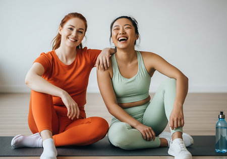Two women, one with red hair wearing an orange top and leggings, and another with dark hair wearing a green sports bra and leggings, are sitting on a yoga mat. They are both smiling and laughing, with their arms around each other. A blue water bottle is visible to the right of the mat. The background is a plain white wall.の素材