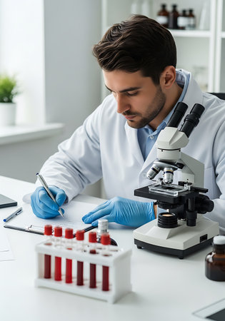 A man in a white lab coat and blue gloves is seated at a white desk in a laboratory. He is writing on a piece of paper with a pen, with a microscope and a rack of test tubes filled with red liquid in front of him. A plant is visible in the background.の素材