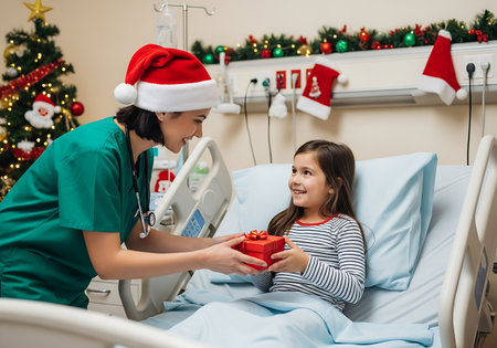 A nurse wearing a Santa hat and green scrubs hands a red gift box to a young girl sitting up in a hospital bed. The room is decorated for Christmas with a tree, garlands, and stockings. The girl is wearing a striped shirt and smiling.の素材