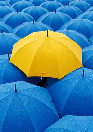 Raindrops cover a sea of blue umbrellas, with a single yellow umbrella standing out prominently in the center. The view is from directly above.の素材