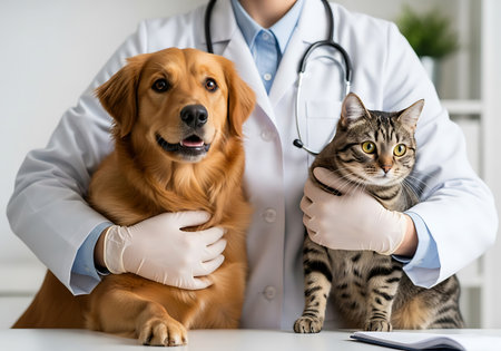 A veterinarian in a white coat and gloves holds a golden retriever dog and a tabby cat on a white table. The vet has a stethoscope around their neck. The dog is golden brown and the cat is striped.の素材