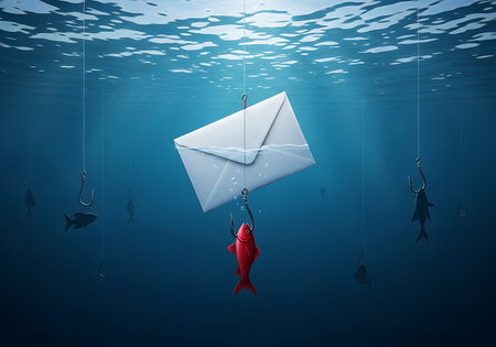 A white envelope is used as bait in a blue underwater scene. A red fish is hooked. Other hooks and fish are visible in the background.の素材