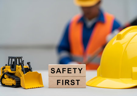 The image shows wooden blocks spelling "Safety First" next to a yellow hard hat and a toy bulldozer. A blurred construction worker in an orange vest and blue shirt stands in the background.の素材