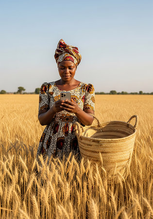 A woman in a patterned dress and headwrap stands in a golden wheat field under a blue sky, using a smartphone. She holds a woven basket. The scene is bathed in sunlight.の素材