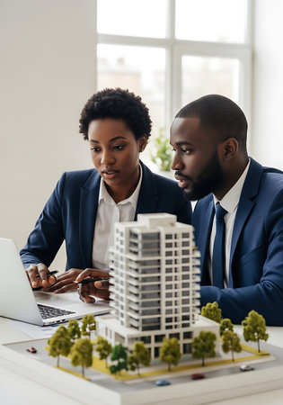 Two people, an African American man and woman, are reviewing a building model on a white table. A laptop is open next to the model. Both are wearing blue suits and appear to be in an office setting. The model includes miniature trees and cars.の素材
