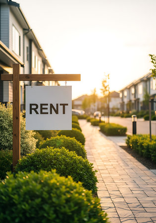 A 'RENT' sign hangs on a wooden post in front of a row of houses in a suburban neighborhood. The sidewalk is lined with green bushes, and the setting sun casts a golden glow over the scene.の素材