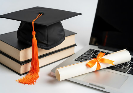 Graduation cap with orange tassel sitting on top of two books, with a diploma tied with an orange ribbon on a laptop, all on a white background.の素材