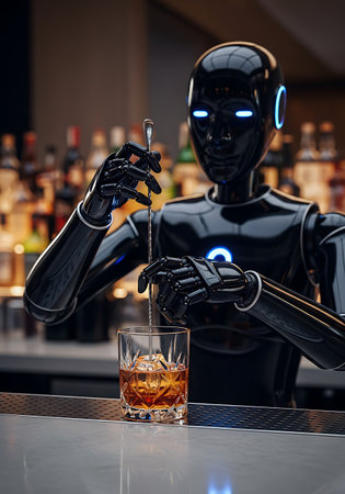 A glossy black robot stirs a whiskey drink with ice in a glass at a bar. The robot has glowing blue accents and is using a metal spoon to stir the drink.の素材
