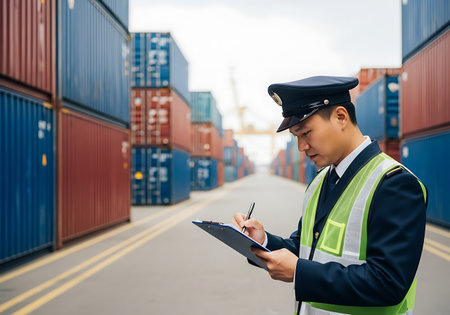 An Asian port authority officer in uniform and a reflective vest is writing on a clipboard. He is standing in a cargo container yard with stacks of blue and red shipping containers.の素材