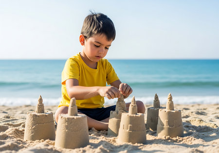A young boy wearing a yellow shirt sits cross-legged on a sandy beach, building sandcastles. The blue ocean and sky are visible in the background.の素材