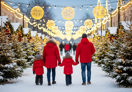 A family of four, wearing red winter coats, walks away from the viewer through a snowy Christmas market. Christmas trees line the path, adorned with lights. Strings of lights and large decorative spheres hang overhead.の素材