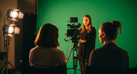 Women in a studio setting with a green screen backdrop. A camera on a tripod is positioned between the interviewer and interviewee. Studio lights illuminate the scene.の素材