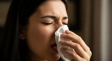 A woman with dark hair holds a white tissue to her nose with her eyes closed. She appears to be blowing her nose, possibly due to a cold, flu, or allergies.の素材