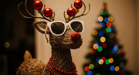 Reindeer showing wicker reindeer with sunglasses and red nose near christmas tree. High resolution image suitable for commercial use. Clear details and vibrant colors enhance visual appeal.の素材