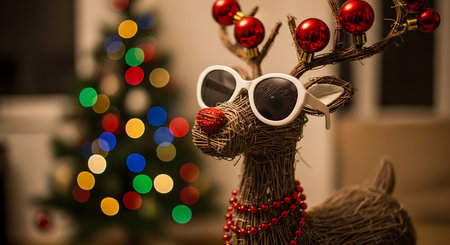 Wicker reindeer wearing white sunglasses and a red beaded necklace stands in front of a blurred Christmas tree with colorful bokeh lights. Red ornaments adorn the reindeer's antlers.の素材