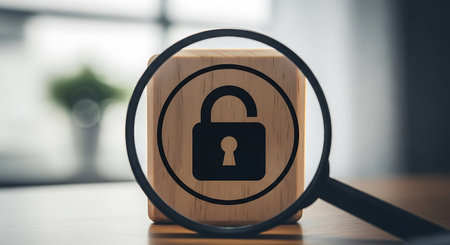 Open lock icon on a light brown wood block, magnified by a black magnifying glass. The background is blurred, showing a plant.の素材