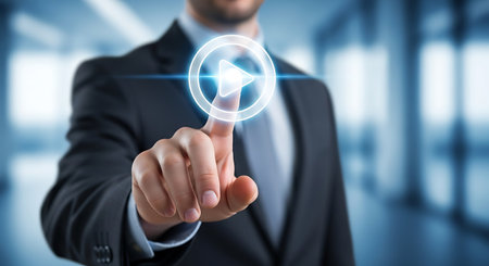 A man in a suit points his finger at a glowing play button on a transparent screen. The background is a blurred blue office setting.の素材
