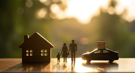 Miniature wooden house family figures car and coins are arranged on a table against a blurred green background with golden sunlight.の素材