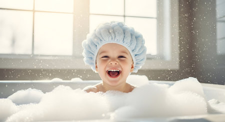 A smiling child wearing a blue bath cap sits in a bathtub filled with white bubbles. The bright light from a window illuminates the scene.の素材