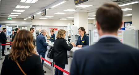 People are waiting in line at a post office. Clerks in blue uniforms are serving customers at the counter. A red barrier separates the line.の素材