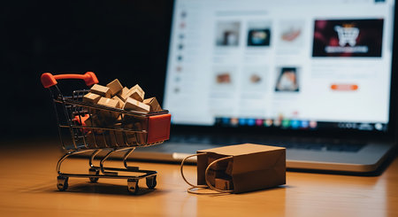 A miniature silver shopping cart with a red handle is filled with small brown cardboard boxes. A brown paper bag also filled with boxes sits next to it. In the background, a laptop displays a shopping website. The scene is set on a wooden surface.の素材