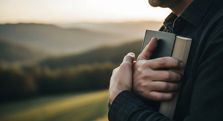 A man in a black shirt holds a book close to his chest. The background shows a blurred mountain landscape at sunset or sunrise.の素材