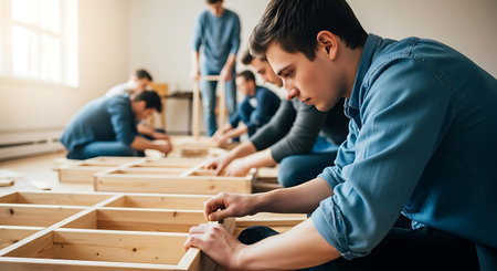 Group showing group assembling wooden frames on floor in bright room. High resolution image suitable for commercial use. Clear details and vibrant colors enhance visual appeal.の素材