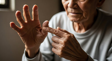 An elderly man in a gray shirt examines the joints of his hand. The close-up shot focuses on his wrinkled skin and the position of his fingers, suggesting a self-assessment of pain or discomfort. Soft window light illuminates the scene.の素材
