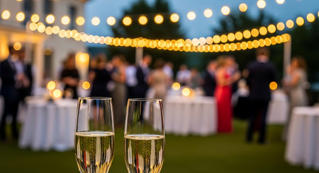 Two champagne flutes filled with bubbly stand in the foreground of an outdoor evening celebration. String lights glow warmly overhead, creating a bokeh effect. Blurred figures of people mingle on the lawn, gathered around tables with white tablecloths.の素材