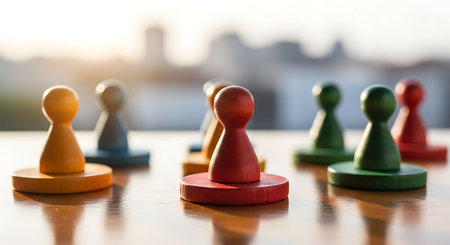 Colorful wooden game pieces stand on a wood surface. The pieces are red, green, yellow, and blue. A cityscape is blurred in the background. Sunlight reflects off the wood surface.の素材