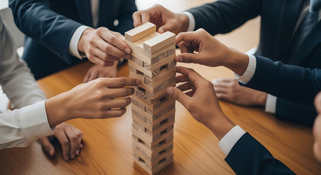 A group of business people in suits are building a tower out of wooden blocks on a wooden table. The hands of the team members are visible as they carefully place the blocks.の素材