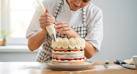 A baker in a white chef's coat and checkered apron decorates a two-layer cake with white cream frosting using a piping bag. The cake has layers of fresh strawberries and blueberries. It sits on a white plate on a wooden table.の素材