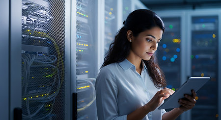 Woman in a server room using a tablet. Data center equipment and racks are visible in the background.の素材