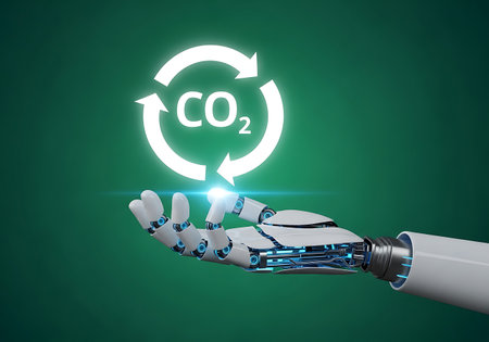 A white robotic hand holds a glowing white CO2 recycle symbol against a green background. The hand is metallic and mechanical, suggesting technology and automation.の素材