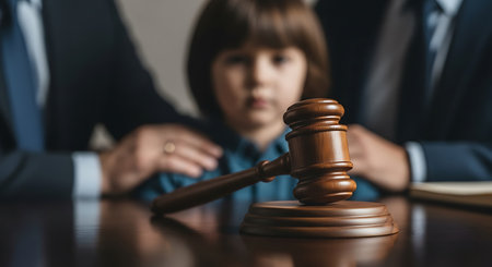 A wooden gavel sits on a dark table in the foreground. A child is visible in the blurred background, flanked by two adults in suits. The adults have their hands on the child's shoulders.の素材