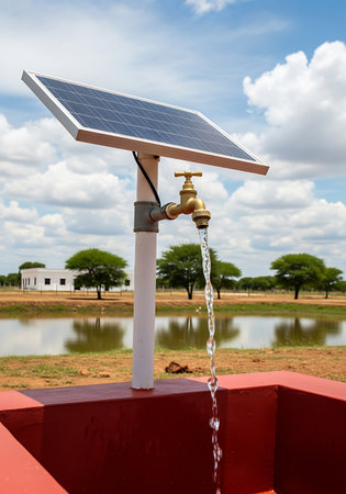 A solar powered water tap with flowing water is set in a rural outdoor environment. The tap is gold and attached to a white PVC pipe, topped with a solar panel. Water flows into a red basin. A pond, trees, and a white building are visible in the background under a blue sky with clouds.の素材