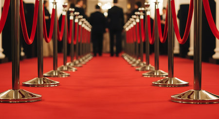 A red carpet event featuring chrome stanchions with red velvet ropes. The perspective is low, focusing on the red carpet and the stanchions leading into a blurred background with people.の素材