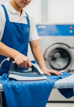 A person in a blue apron and white shirt is ironing a piece of blue fabric on an ironing board. Steam rises from the fabric as the iron presses down. A washing machine is visible in the background.の素材