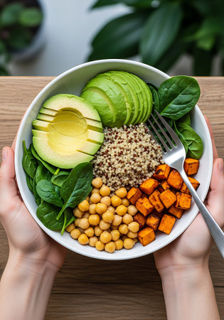 Hands hold a white bowl filled with avocado slices, spinach leaves, quinoa, chickpeas, and cubed sweet potato. A fork rests in the bowl. The bowl sits on a wooden surface.の素材