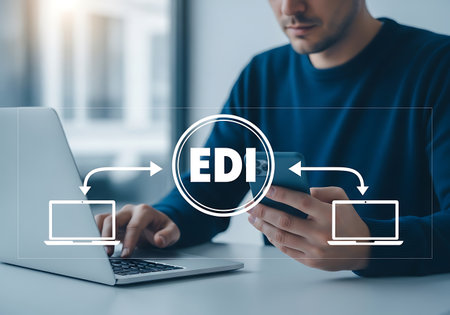 A man in a blue sweater uses a laptop and a phone. An EDI graphic overlay shows data transfer between the devices.の素材
