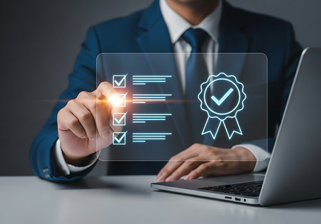 A man in a blue suit interacts with a digital checklist and quality seal displayed on a transparent screen. The screen shows a series of check boxes with ticks and a seal with a checkmark inside. A laptop sits on the table next to the screen.の素材