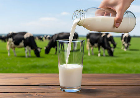 A hand pours milk from a glass bottle into a clear glass. In the background, black and white cows graze in a green pasture under a clear sky. The glass sits on a wooden table.の素材